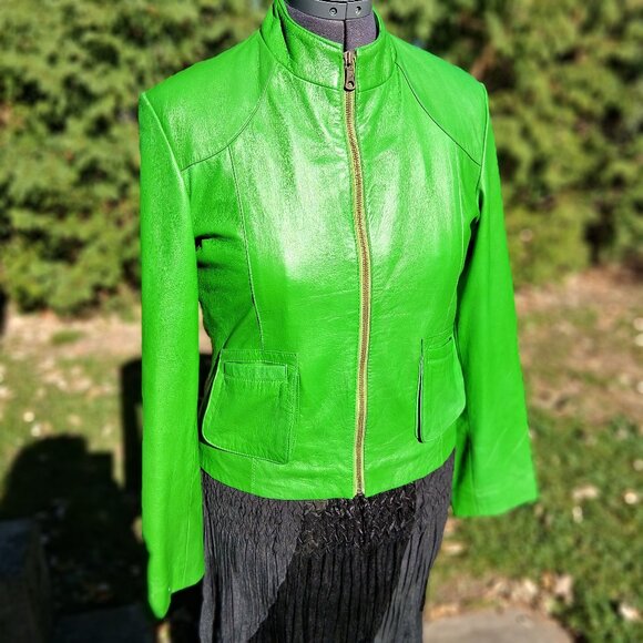 Loving the WICKED Color GREEN Real Leather Moto Style Jacket - Picture 7 of 15